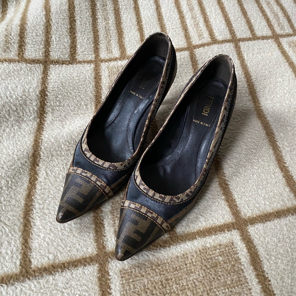Fendi brown zucca and mesh pumps size US 7/EU 37